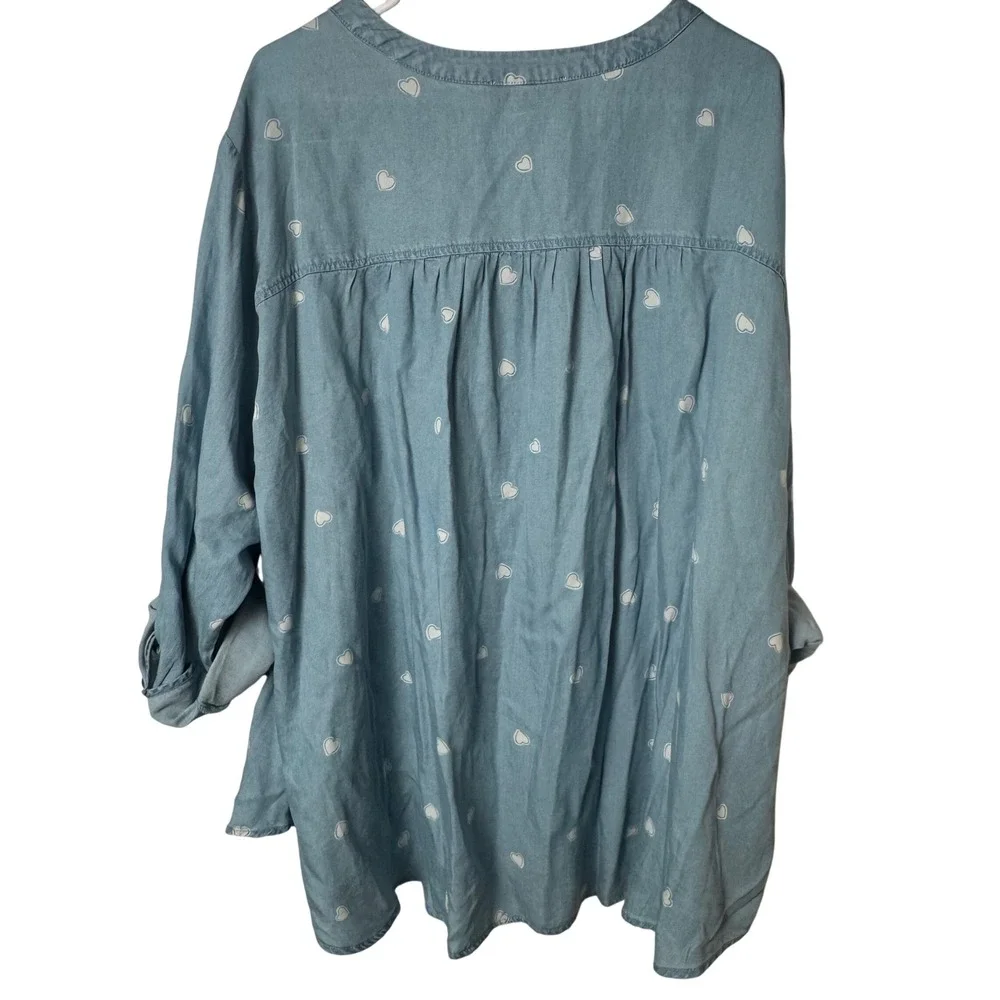 Jane + Delancey Tunic Women‎ 3X Blue Heart Print Lyocell Roll Tab Sleeve Blouse - Picture 6 of 7